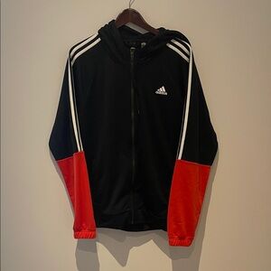 adidas Black and Red Hooded Track Jacket with White Stripes